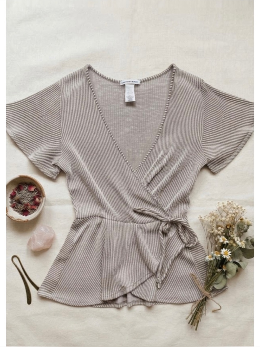 Caution To The Wind Anthropologie V-Neck Ribbed Striped Faux Wrap Peplum Top